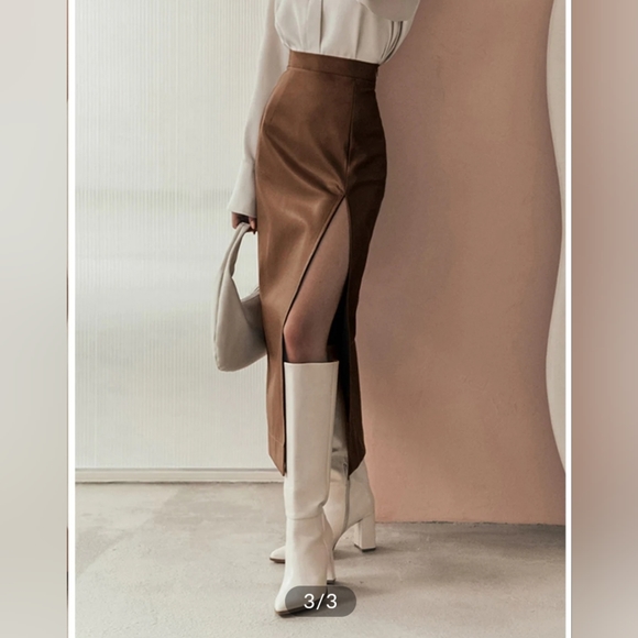 Commense Quiet Luxury Faux Leather Slit Midi Skirt - Picture 1 of 10